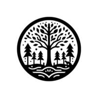 A minimalist black and white circular featuring a stylized tree of life surrounded by fir trees and a fox. vector