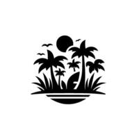 Silhouette of a tropical island scene with palm trees, sun, birds, surfboard, and grass, enclosed in a stylized circle. vector