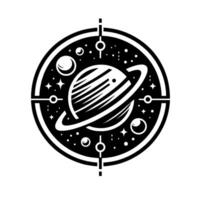 Stylized Black and White Space Emblem Ringed Planet, Stars, and Celestial Bodies Within a Circular with Crosshair Elements. vector