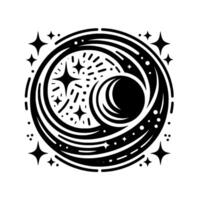 Intricate black and white circular , featuring a crescent moon, stars, and celestial elements within swirling, concentric lines, evoking cosmic energy. vector