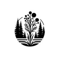 Minimalist Monochrome Illustration of Forest Scene Inside a Circle Featuring Trees and Central Botanical . vector
