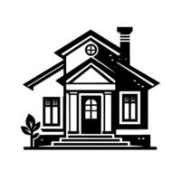 Elegant Black and White Illustration of a Classic House with Columns, Door, Windows, and a Chimney, accented with a small tree. vector