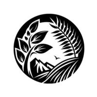 Stylized Black and White Round Depicting Nature Trees, Mountains, Field, and Flying Bird in a Circle. vector