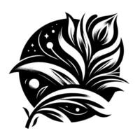 Stylized Black and White Illustration of Celestial Flora, Featuring Leaves, Stars, and a MoonLike Orb in an Abstract Composition. vector