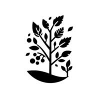 A minimalist black and white illustration of a stylized tree with leaves and berries, set on a curved base, evoking a sense of growth and simplicity. vector