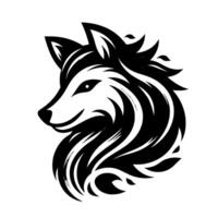Striking, monochrome illustration of a stylized wolfs head, showcasing flowing, layered fur and a watchful gaze on a stark white background. vector
