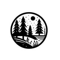 Black and white circular minimalist nature scene featuring stylized pine trees, a moon, and foliage, representing a calm forest scape. vector