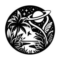 Celestial Island Black and White Illustration of a Tropical Landscape Blending Space and Nature, with a Ringed Planet and Starry Night Sky within a Circular Frame. vector