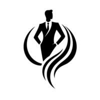 Black silhouette of a confident businessman in a suit, emblem, encompassed by an artistic, flowing on white. vector