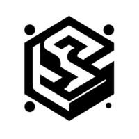 Isometric abstract featuring interlocking stylized letters, TSB, within a hexagonal frame, accented by four circular dots, on a white background, showcasing minimalist geometric . vector