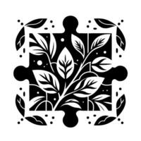 Black and White Puzzle Piece Featuring Foliage and Leaf Motif. vector