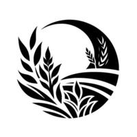 Black and White Circular Composition Stylized Field with Wheat and Plants Under a Curved Crescent . vector
