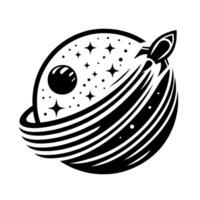 Black and White Illustration of a Rocket Launching from a Starry Planet with Orbital Rings. vector