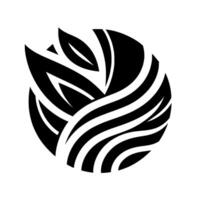 Abstract black and white featuring leaflike elements and curved lines within a circular frame, minimalist . vector