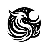 Black White Phoenix Within Crescent Moon and Starry Sky, Symbolic of Rebirth, Spirit, and Celestial Power. vector