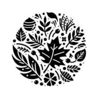 A monochromatic, circular floral featuring stylized autumn leaves, flowers, and seed pods, arranged in a symmetrical composition on a white background. vector