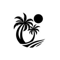 Silhouette of two palm trees gracefully curved over stylized waves with a dark sun in a tropical paradise. vector
