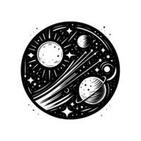 Black and White Celestial Sphere Sun, Planets, Stars, and Comets in a Circular, Stylized Space Illustration. vector