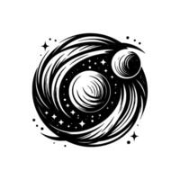 Abstract Celestial Orb A swirling cosmic featuring two stylized moons, surrounded by a starfilled night sky, in striking black and white. vector