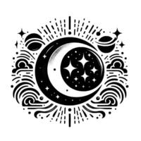 Celestial Monochrome Illustration of a Crescent Moon Enclosing Stars, Surrounded by Planets, Clouds, and Radiant Bursts. vector