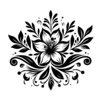Intricate Black and White Floral Mandala A symmetrical featuring a stylized flower with layered petals, leafy elements, and decorative swirls. vector