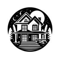 A black and white illustration of a twostory house nestled amongst pine trees and under a moonlit night sky, all contained within a circular frame. vector