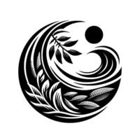 Black and White Yin Yang Symbol with Botanical Elements Waves, Leaves, Sun Circular Composition, . vector