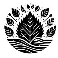 Stylized monochromatic nature illustration featuring a central, large leaf surrounded by smaller leaves, dots, and wavy lines, all within a circular frame. vector