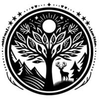 Symbolic Black and White Circular Tree of Life with Deer, Mountains, Sun, Stars, and Forest. vector