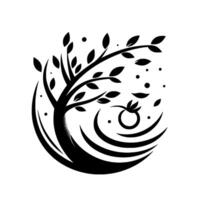 Stylized black and white tree with leaves and an abstracted fruit, encircled by curved lines, representing growth and nature in minimalist . vector