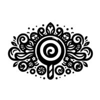 Intricate Black White Lollipop with Floral and Swirl Embellishments, on White, for Confectionery or Use. vector