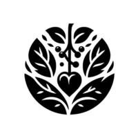 Black and White Botanical Emblem HeartShaped Fruit Leaf Arrangement Within a Circular Border. vector