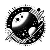 Intricate Black and White Cosmic Illustration Planet with Rings, Stars, and Celestial Orbs in a Decorative Style. vector