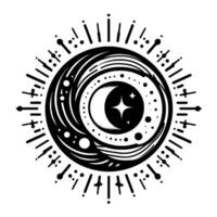 Intricate black and white celestial emblem featuring crescent moon, stars, surrounding sunburst , and dot ornamentation. vector
