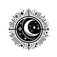 Celestial Crest Crescent Moon and Stars Encircled by Bursting Radiance, A Black and White Mystical Symbol vector