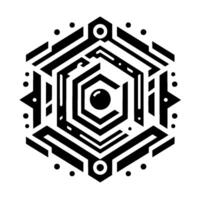 Abstract geometric black and white hexagon with nested shapes, a central eyelike sphere, and a stark minimalist . vector