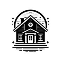 Stylized Monochrome House with Geometric Elements, Sparkling Stars, and a Celestial Backdrop, Illustrating Home and Security. vector