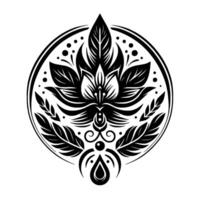 Intricate Black and White Floral Mandala with Leaf and Dot Accents, Enclosed in a Circular Frame. vector
