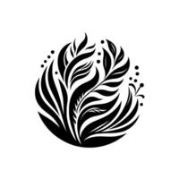 Bold Black White Floral Motif Leafy Composition within a White Circular Background, Minimalist Aesthetic. vector