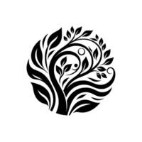 Stylized Black and White Floral Emblem, A Circular Composition with Leaves, Vines, and Geometric Forms, Emphasizing Growth and Nature. vector