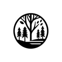 Stylized Black and White Circular Depicting a Forest Scene with Silhouette Trees and Foliage within a Rounded Frame vector