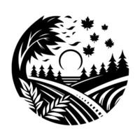 Black and white circular landscape illustration featuring a silhouetted tree, stylized trees, fields, sunset, and maple leaves. vector