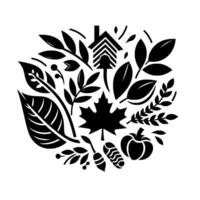 A stylized black and white illustration of various botanical elements, including leaves, a birdhouse, berries, and a pumpkin, arranged in a circular composition. vector