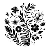 Black and white floral botanical , featuring stylized flowers, leaves, vines, and a coiled stem in a circular composition on white. vector
