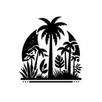 Monochromatic Silhouette of a Tropical Paradise with Palm Trees, Birds, and Lush Foliage in a Circular Composition. vector