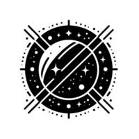 Intricate black and white spacethemed featuring a planet, stars, and linear patterns forming a celestial emblem on a white background. vector