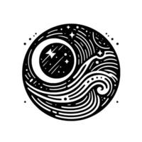 Cosmic Harmony A circular celestial emblem featuring crescent moon, stars, and swirling abstract patterns in black and white. vector