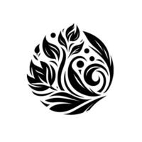 Elegant Black and White TearDrop Shaped Floral Mandala with Swirls, Leaves, and Dots on a White Background, Symmetric . vector