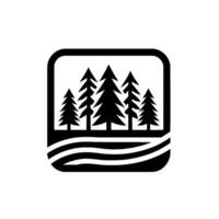 Minimalist black and white of stylized evergreen trees and wavy lines within a rounded square frame. vector