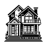 Black and White Illustration of a TwoStory House with Gabled Roofs, Balconies, and Minimalist . vector
